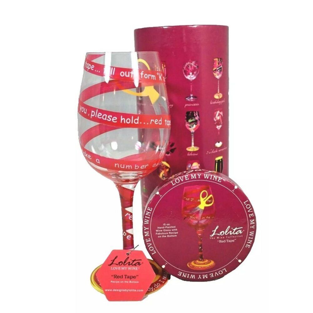 🆕 NEW LOLITA Wine Glass Love My Wine Red Tape 15 oz Hand Painted Colorful Gift